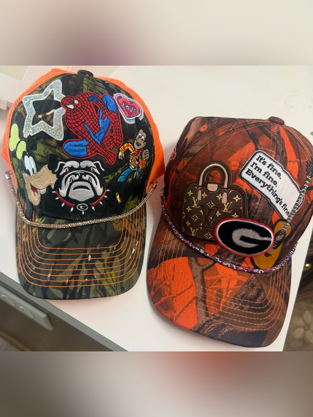 Orange & Camo Patch Caps with Embroidered Characters